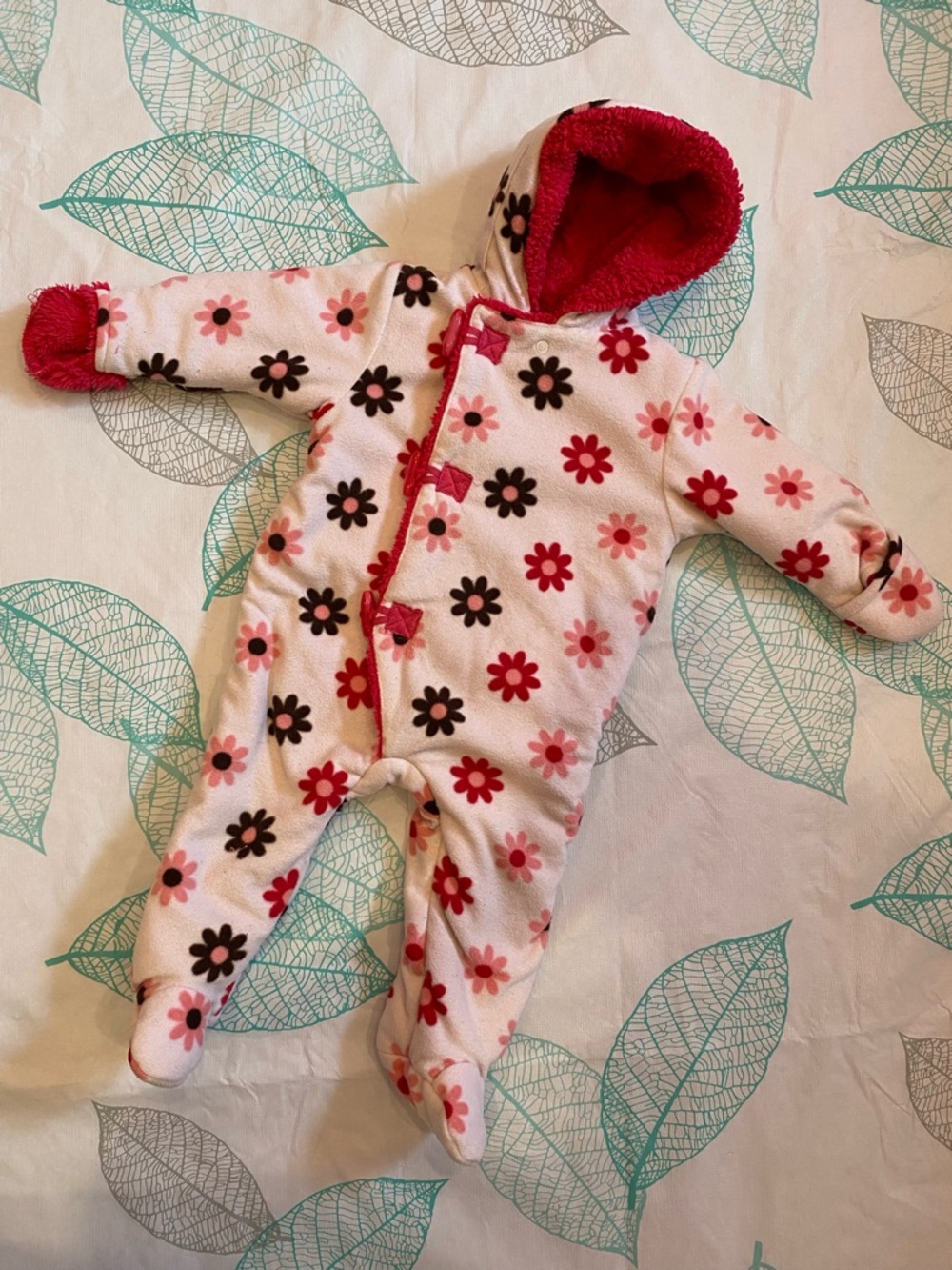 Joe Fresh Floral Hooded Footie in Pink and Red
